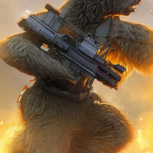 Image similar to detailed science - fiction character portrait of a grizzly bear shooting a machine gun in space, intricate, wild, highly detailed, digital painting, artstation, concept art, smooth, sharp focus, illustration, art by artgerm and greg rutkowski and alphonse mucha