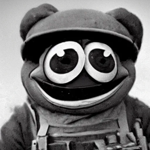 Image similar to a close up photo of pepe the frog in ww 2, historical photo,