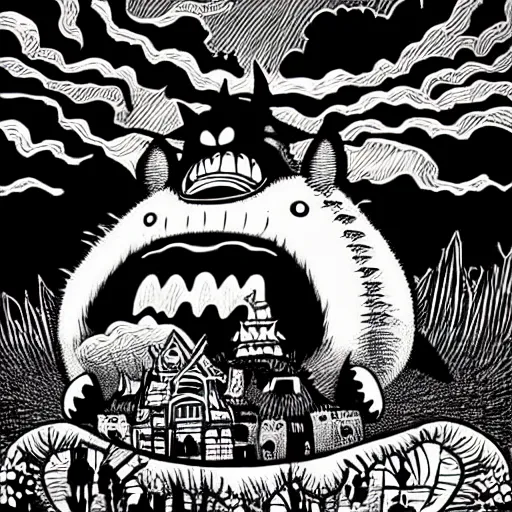 Image similar to mcbess illustration of a gigantic terrifying totoro monster with fangs and glowing eyes attacking a town, gothic, horror film, claws, sharp teeth, aggressive, violent, realistic