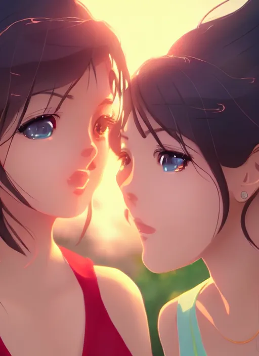 Prompt: two beautiful mothers outside on a hot summer evening, gorgeous faces, thick lines, cinematic lighting, detailed anime art