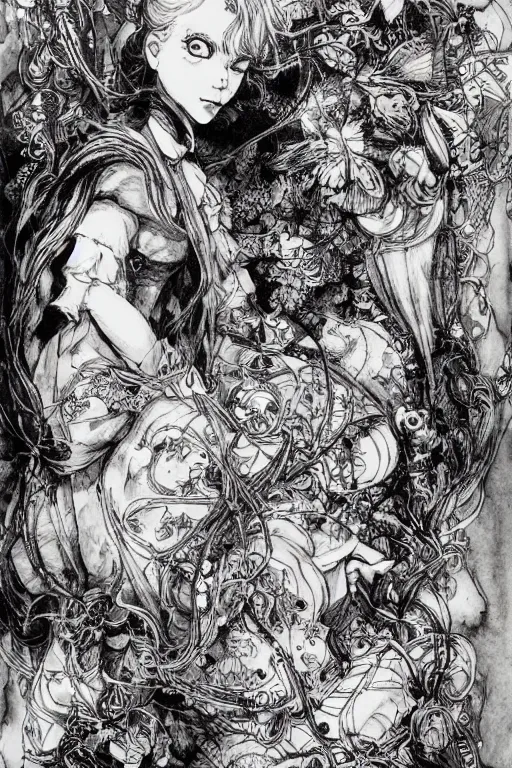 Image similar to portrait Alice in wonderland tarot card , pen and ink, intricate line drawings, by Yoshitaka Amano, Ruan Jia, Kentaro Miura, Artgerm, watercolor