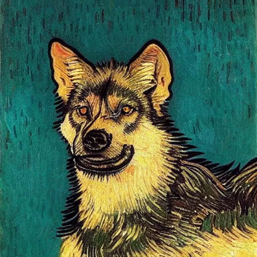 Image similar to retarded wolf portrait, van gogh style
