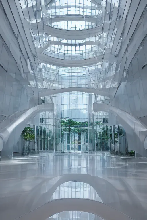 Prompt: white shiny minimalist fountain with glowing opalescent water inside high tech science lab with shiny white floors and blue glass walls and 50 foot tall arched glass atrium ceiling, vertical composition