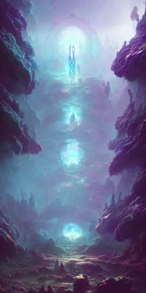 Image similar to a psychedelic realm hidden away in a pocket of ethereal understanding, astral and alien city, in the style of greg rutkowski, and wlop, and lisa frank, and bob ross, and ruan jia, illustration, epic, fantasy, hyper detailed, smooth, unreal engine, sharp focus, ray tracing