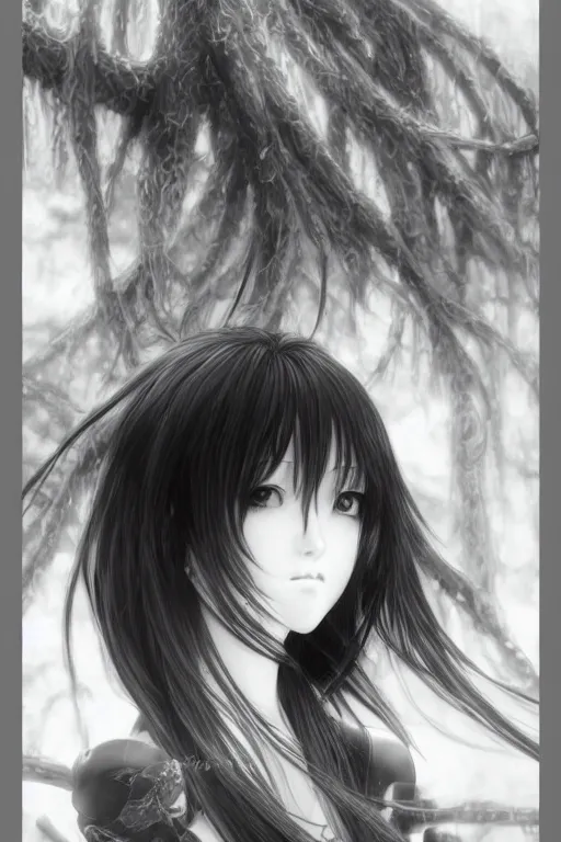 Prompt: a vertical portrait of a character in a scenic environment by Yoshitaka Amano, black and white, dreamy, (cybernetic), wavy long black hair, highly detailed