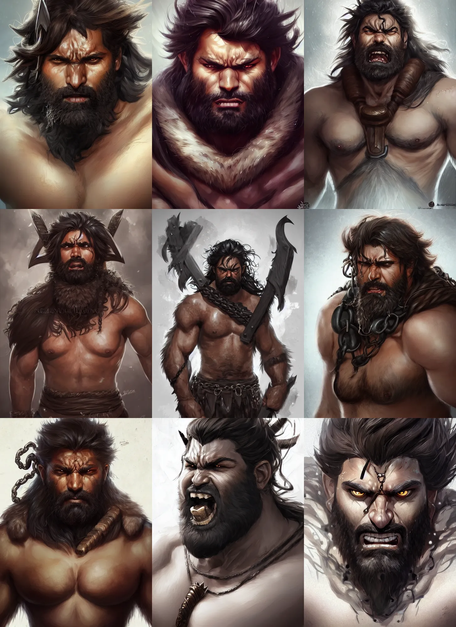 Prompt: picture of a chained barbarian, light brown skin, black messy hair, beard, pelt, angry, exhausted, face details, shapely, extremely detailed, smooth, sharp focus, digital illustration, by artgerm, rossdraws, sakimichan