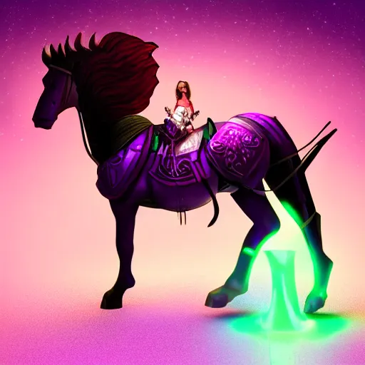 Image similar to female knight riding a chimera, holding a violet torch that lights up the dark forest during the night photorealistic