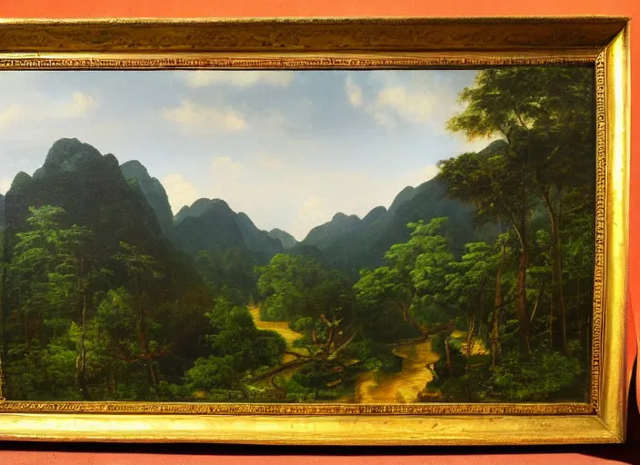 Image similar to the luscious forests of vietnam with little villages sprinked in them, in the style of hudson river school of art, oil on canvas