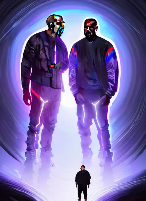 Prompt: picture of kanye west and elon musk, sci - fi, tech wear, glowing lights!! intricate, elegant, highly detailed, digital painting, artstation, concept art
