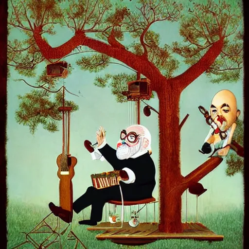 Prompt: old man white beard playing a synthesizer in a tree house, notes and clefs listening, lowbrow surrealistic, in the style of mark ryden,