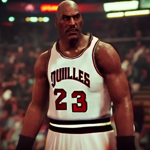 Image similar to a videogame still of Michael Jordan in Tekken 7, 40mm lens, shallow depth of field, split lighting