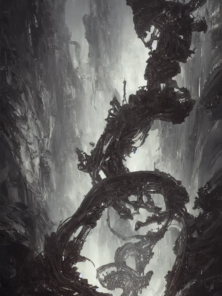 Image similar to dystopian, a dreamland of chinese ukiyo - e, gothic diablo art, rococo art, 4 k post processing. asymmetrical, portrait of an alien with large tubes in face in the style of, ghost in the shell, machine face, intricate, elegant, dramatic lighting concept art by craig mullins and ruan jia and raphael lacoste, trending on artstation