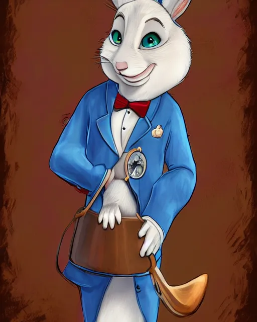 Image similar to portrait of a smiling white rabbit from alice in wonderland, zootopia movie style, looking at his pocket watch, digital art, 4k, award winning