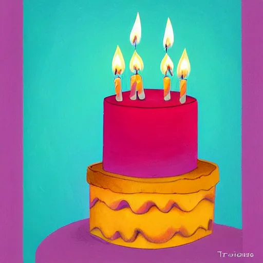 Prompt: a wonderful childrens illustration book portrait painting of a birthday cake with candles, art by tracie grimwood, aesthetically vibrant colors,