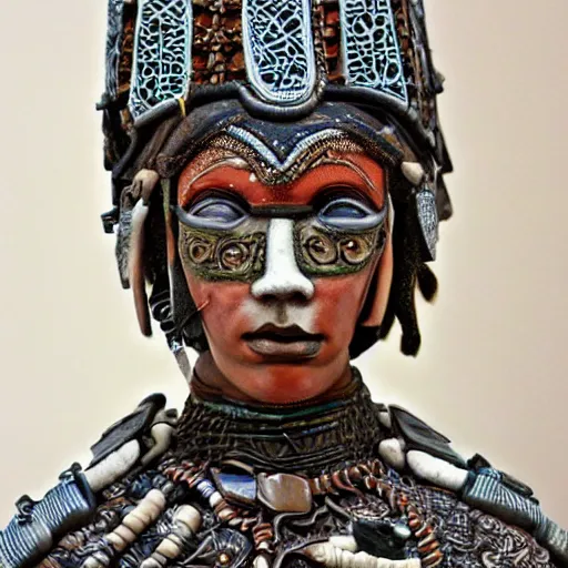 Prompt: a warrior woman, wearing intricate armor made of pottery pieces. photorealistic, intricate and detailed.