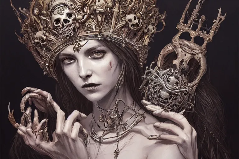 Image similar to a portrait of the bone goddess with a crown of skulls, full figure, intricate, gothic, highly detailed, digital painting, artstation, smooth, sharp focus, illustration, art by greg rutkowski, loish, rhads, makoto shinkai and lois van baarle, ilya kuvshinov, rossdraws