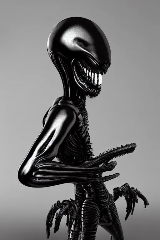 Image similar to hr giger xenomorph alien design in embrio pose, black, shiny body, hyperrealistic, cinematic lighting