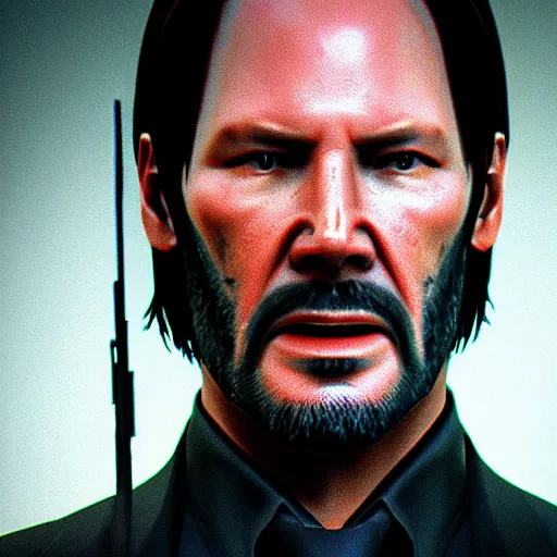 Image similar to a still from the video game trailer of John Wick, 4k, realistic face, unreal engine 5