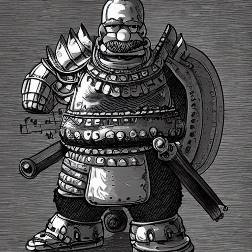 Prompt: homer simpson fighting guts from berserk wearing heavy armor, cinematic, manga style, black ink, hyperdetailed, ghibli