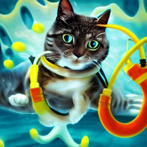 Image similar to a cat scuba diver, ears and tail and flippers, mystical undersea atmosphere, realistic