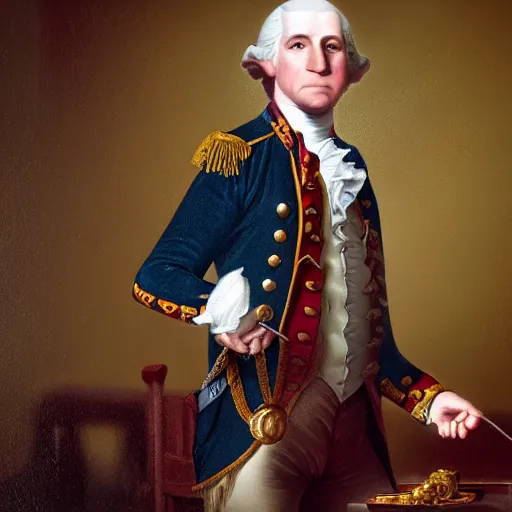 Image similar to a closeup photorealistic photograph of a happy George Washington inspecting small gold Doubloon coins at his home on Cherry Street. This 4K HD image is Trending on Artstation, featured on Behance, well-rendered, extra crisp, features intricate detail and the style of Unreal Engine.