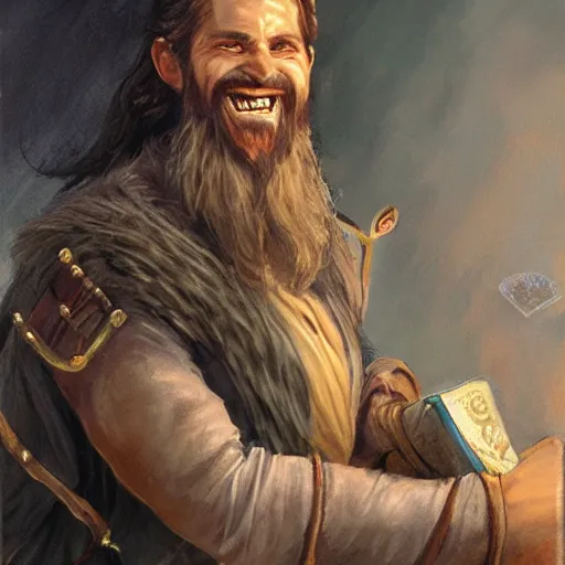 Image similar to beautiful portrait painting of a very short and small male halfing bard with brown hair with some grey hairs, full beard, ridiculous smile, from pathfinder, evil smirk, narcissist, self centered, casting fireball, painted by larry elmore, wayne reynolds, greg rutkowski, magic the gathering, dungeons and dragons, dishonored 2