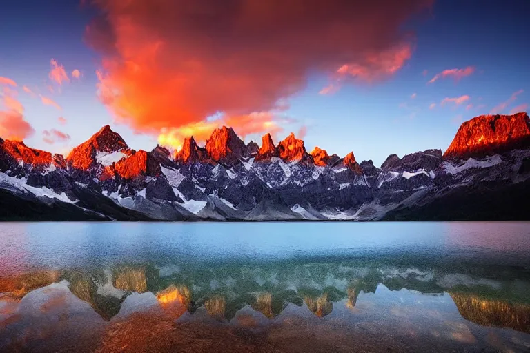 Image similar to amazing landscape photo of mountains with lake in sunset by marc adamus, beautiful, dramatic lighting