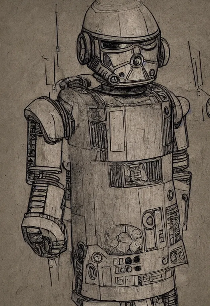 Image similar to very detailed sketch of a'star wars'robot by leonardo davinci