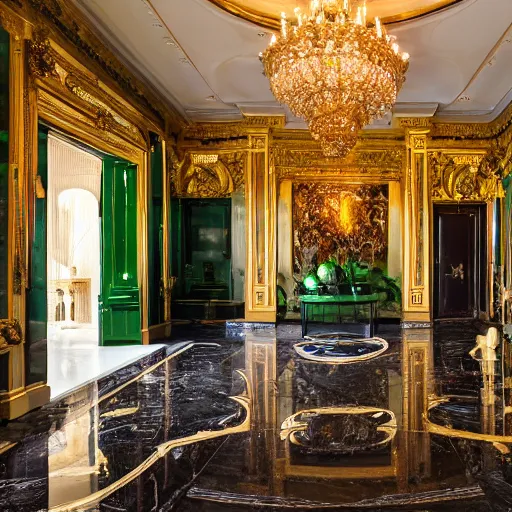 Prompt: a realistic photo of a large lavish victorian style mansion entrance hall made entirely of malachite with golden accents on the walls, and a dark marble floor; cinematic lens, 8K award-winning photo