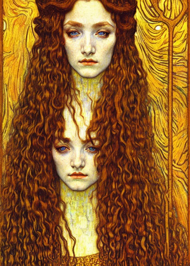 Image similar to detailed realistic beautiful young medieval queen face portrait by jean delville, gustav klimt and vincent van gogh, art nouveau, symbolist, visionary, gothic, pre - raphaelite, muted earthy colors, desaturated