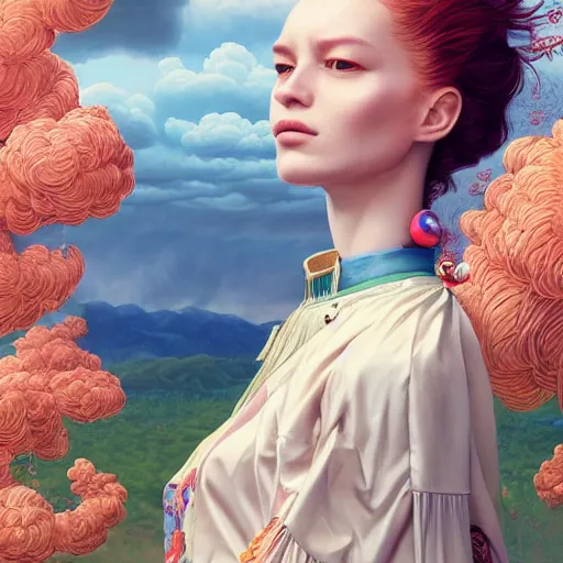 Prompt: pretty model with clouds : : by martine johanna and simon stalenhag and chie yoshii and casey weldon and wlop : : ornate, dynamic, particulate, rich colors, intricate, elegant, highly detailed, vogue, harper's bazaar art, fashion magazine, smooth, sharp focus, 8 k, octane render