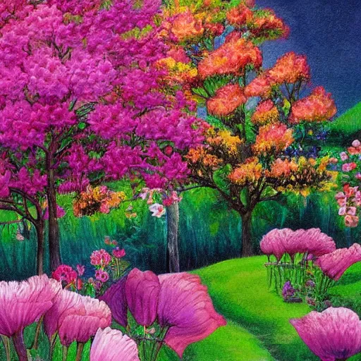 Prompt: a fantasy painting of a blooming garden