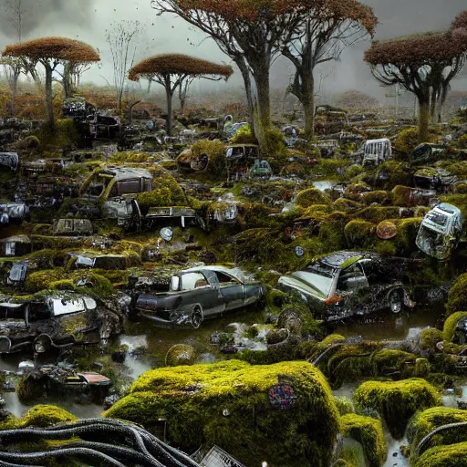 Prompt: panoramic view, superintelligent ecological matrix made of moss and lichen dotted biomechanical trees growing on junkyard heaps of electronics and automobile scrapyards amongst puddles of glistening oil, artists bev doolittle and philippe caza, high contrast cinematic light, mystical shadows, sharp focus, divine realm of gods, octane render, three dimensional optical illusion