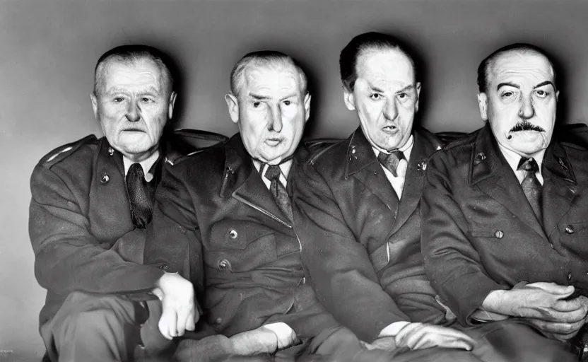 Prompt: 50s movie still close-up portrait of three individual elder soviet marshal with very diverses faces in a stalinist style hall, by Irving Penn, Cinestill 800t 50mm black and white, heavy grainy picture, very detailed, high quality, 4k, HD criterion, precise texture, facial precision, diverse haircuts, diverse ages, each faces precisely define