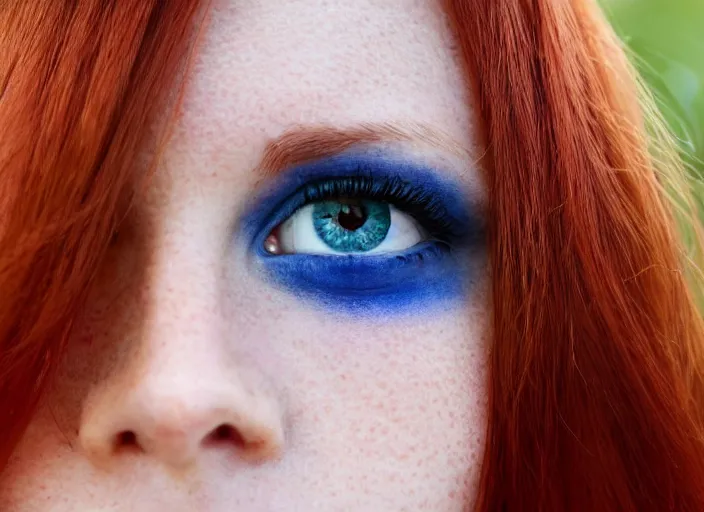 Image similar to close up portrait photograph of a anesthetic beautiful!!! thin young redhead woman with russian descent, sunbathed skin, symmetric face!! with deep blue ((Symmetric round eyes!! )) . Wavy long maroon colored hair. she looks directly at the camera. Slightly open mouth, face takes up half of the photo. a park visible in the background. 55mm nikon. Intricate. Very detailed 8k texture. Sharp. Cinematic post-processing. Award winning portrait photography. Sharp eyes.