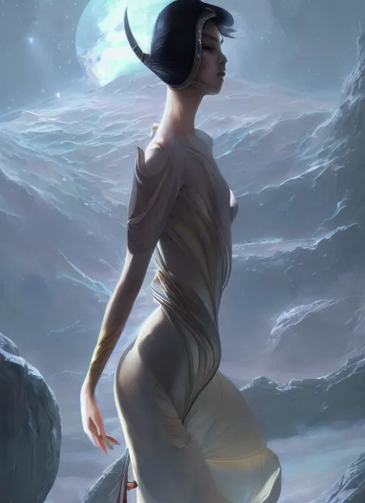 Image similar to beautiful Japanese female teen in sumptuous futuristic slim dress, scifi spacetation, unrealistic, unreal engine, by Peter mohrbacher and Boris Vallejo