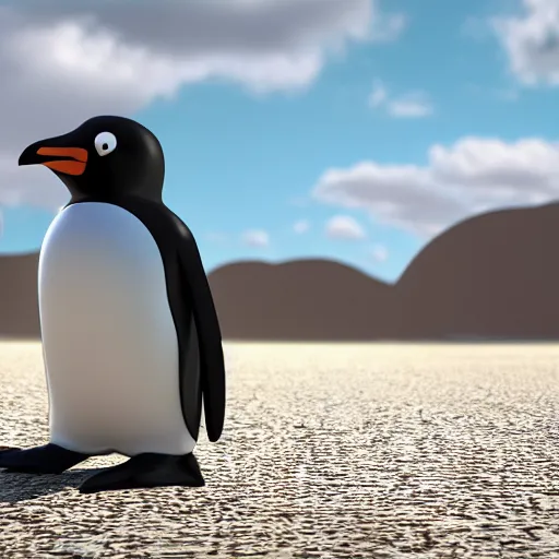 Image similar to pooping Penguin in the desert, Pyjama british Air force Officer, octane render, unreal engine, 8k high definition