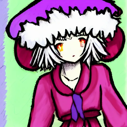 Prompt: Poorly drawn image of the newest Touhou character, badly drawn, fluffy hats