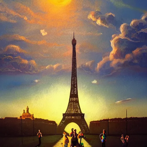 Image similar to a dream of several people running in a field and the eiffel tower in the background in a place that at the same time is illuminated by the sun causes a feeling of strangeness, oil painting, ultradetailed, artstation