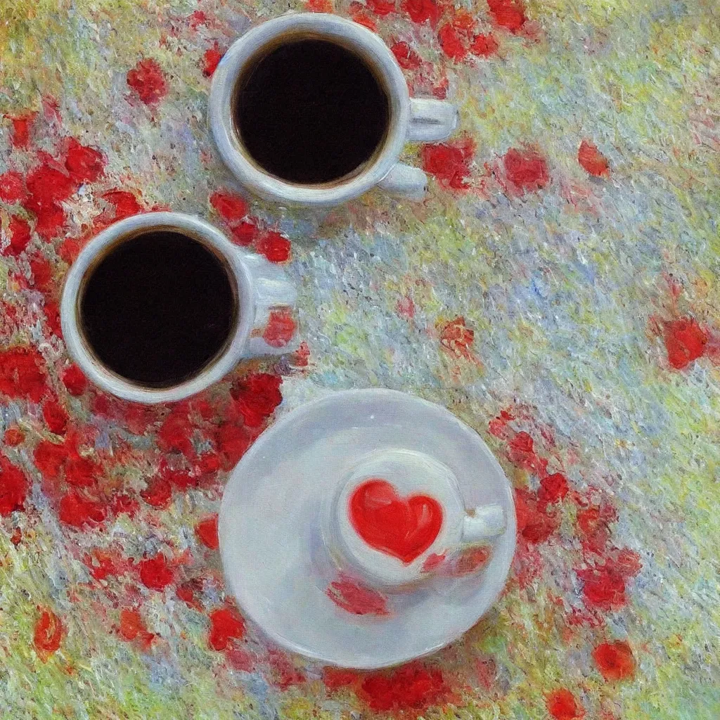 Prompt: a beautiful painting of a close up cup of coffee that says I Love You in the style of Monet