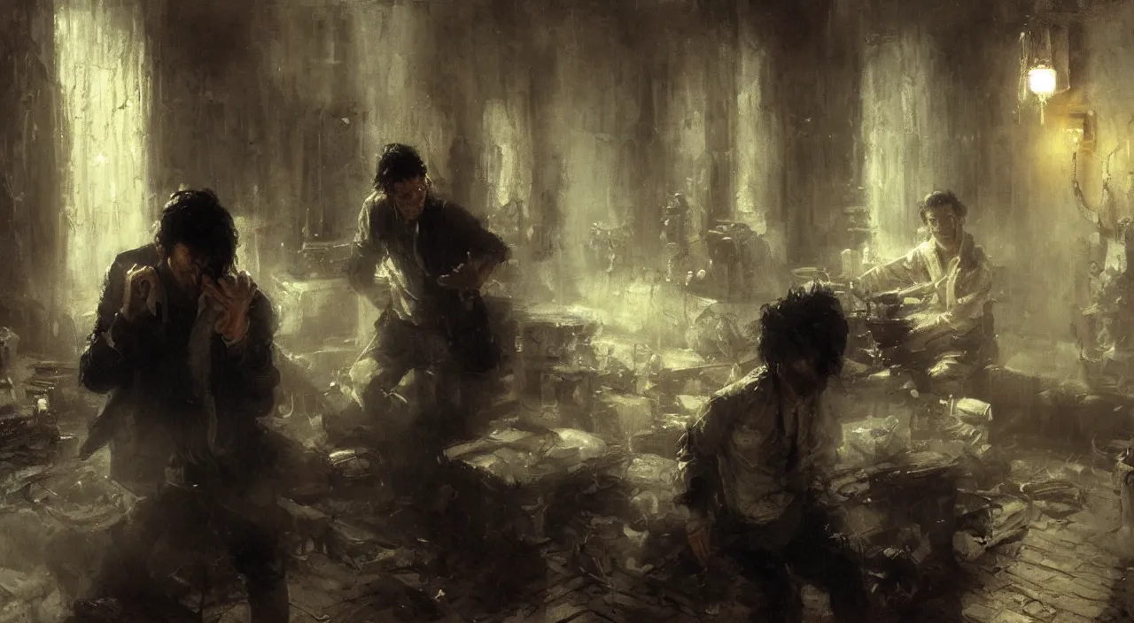 Prompt: a man with black hair and beard, wearing a black jacket, white shirt and jeans, trying to desperately escape a white room, dimly lit room, highly detailed painting by gaston bussiere, craig mullins, 8 k