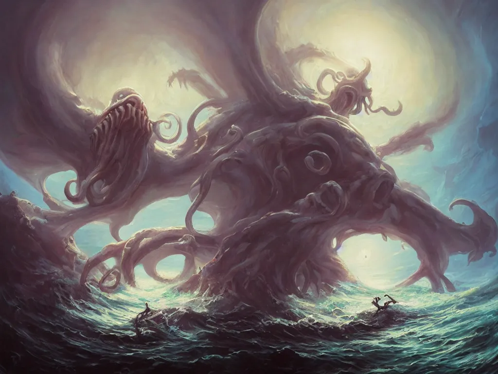 Image similar to oil painting of Cthulhu rising from the ocean, epic scene, gigantic monster, peter mohrbacher