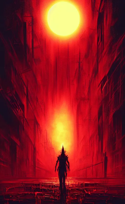 Image similar to poster style, a beautiful and terrifying painting with high details of bodyhorror red alert storm that destroys dark souls like new york city with eclipse, movie atmosphere, movie lights, 8 k, light effect, rtx on, trending on artstation, by kilian eng, lee madgwick, bastien lecouffe - deharme