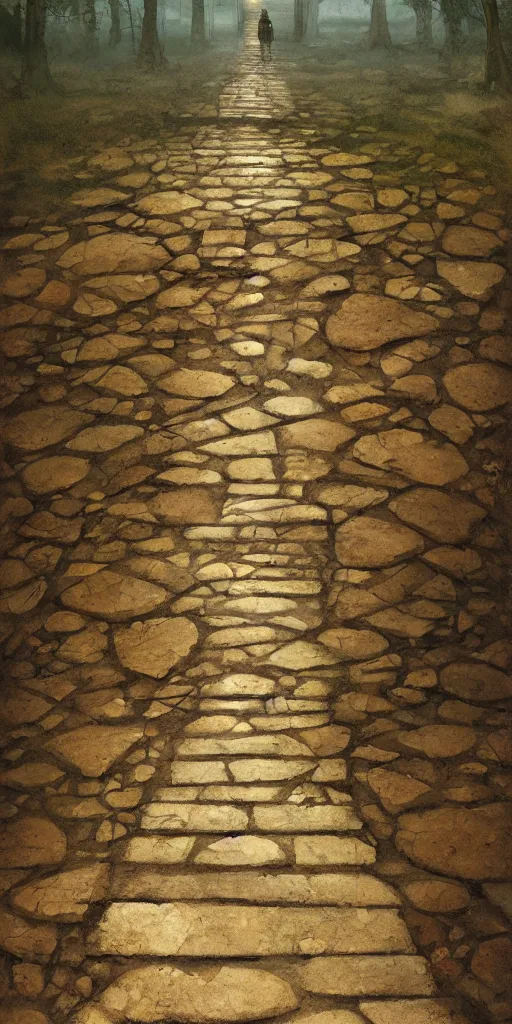 Image similar to a trail of footprints on a stone path with a cross in the middle, style by jon foster, digital art illustration