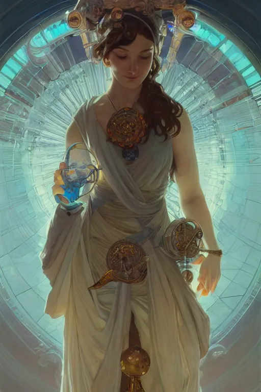 Image similar to goddess of science and engineering, only two hands, highly detailed, digital painting, artstation, concept art, smooth, sharp focus, illustration, unreal engine 5, 8 k, art by artgerm and greg rutkowski and edgar maxence and alphonse mucha