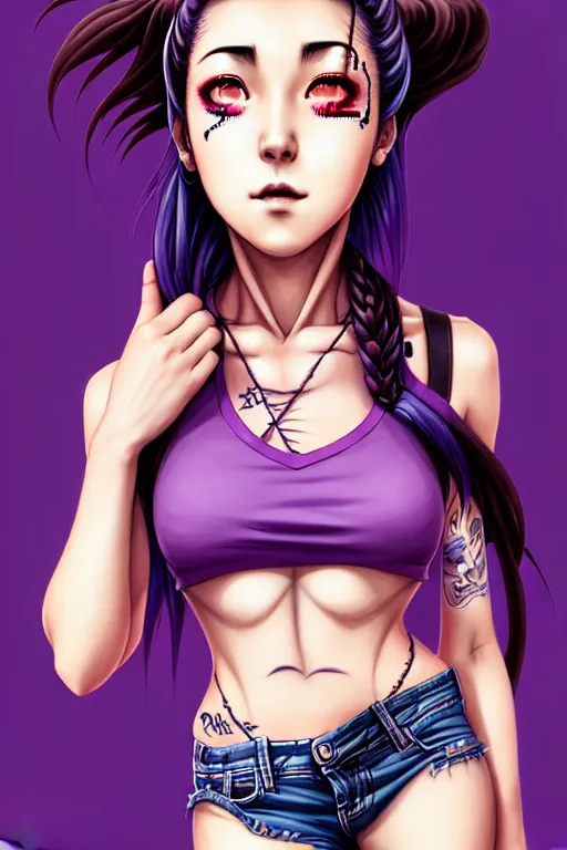 Image similar to a portrait of dilraba dilmurat as revy from black lagoon, smirk, black tank top, jean shorts, brown eyes, purple hair, tribal tattoos right arm sleeve, symmetrical eyes, symmetrical face, art by lois van baarle and loish and ross tran and rossdraws and sam yang and artgerm