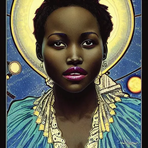 Image similar to lupita nyong'o portrait by louis - theophile hingre and alphonse mucha, realistic, sharp focus, zodiac signs, tarot cards, planets, ethereal, art nouveau, magic, moon, sun, crown, dreamy, royal, jewellery