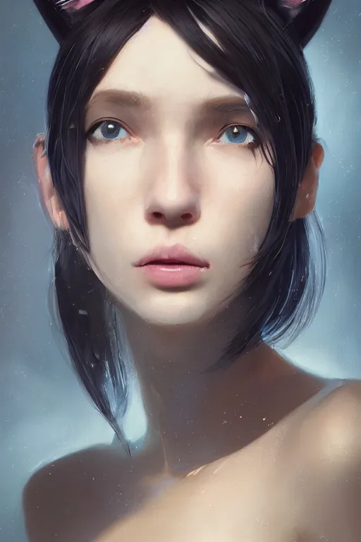 Image similar to A fancy portrait of an attractive women with cat ears by Greg Rutkowski, beeple, Sung Choi, Mitchell Mohrhauser, Maciej Kuciara, Johnson Ting, Maxim Verehin, Peter Konig, final fantasy, macro lens , 8k photorealistic, cinematic lighting, HD, high details, dramatic, dark atmosphere, trending on artstation