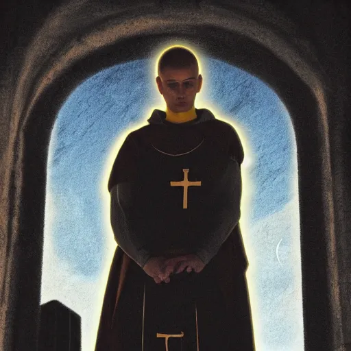 Prompt: Close-up of a terrified young catholic priest at the top of a medieval tower watching in fear as an ominous yellow shadow descends upon him from the night sky. He is fervently praying but his eyes are wide open with fear. Low angle angle, dramatic lighting. Award-winning digital art, trending on ArtStation