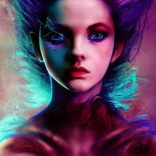 Prompt: The dragon girl portrait, portrait of young girl half dragon half human, dragon girl, dragon skin, dragon eyes, dragon crown, blue hair, long hair, highly detailed, cinematic lighting, Matte painting by David Lynch